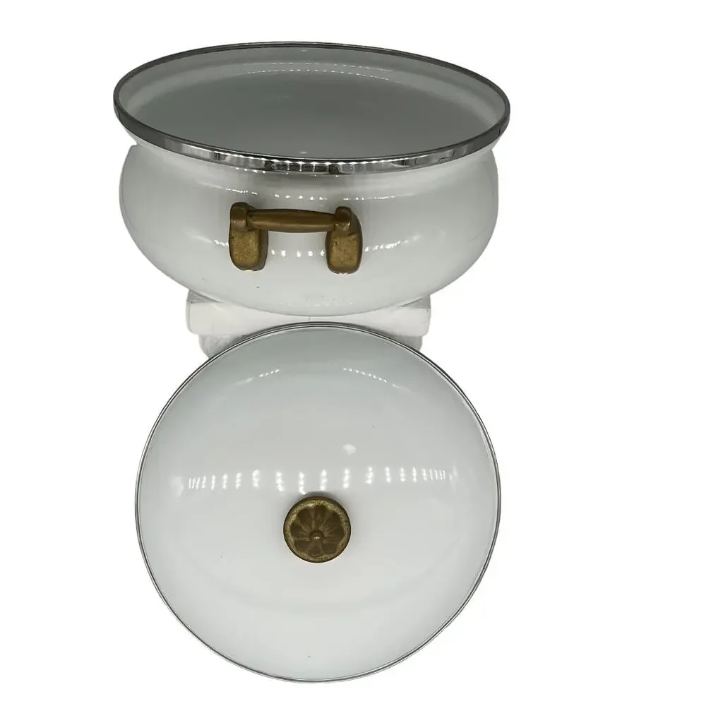 Tivoli Vintage White Enamelware Stock Pot with Lid | Brass Handles Retro Kitchen